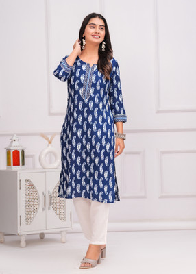 D&H Women Printed Straight Kurta(Dark Blue)