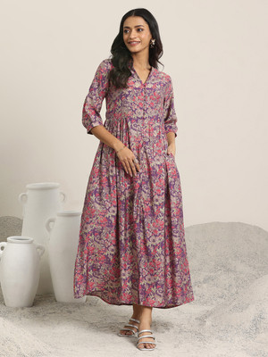 LIBAS Women Floral Print A-line Kurta(Purple)