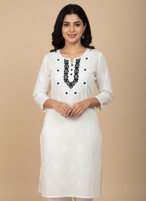 Crystalic Shop Women Chikan Embroidery A-line Kurta(White)
