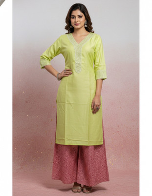 Boho Boutique Women Chikan Embroidery A-line Kurta(Light Green)
