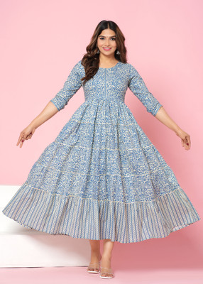 Kirnya Women Printed Anarkali Kurta(Blue)