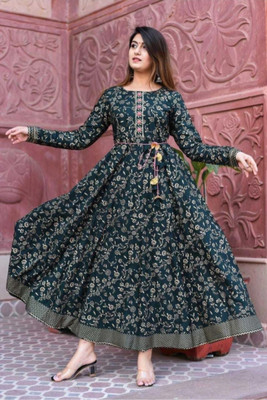 RD Textiles Women Printed Anarkali Kurta(Dark Green)