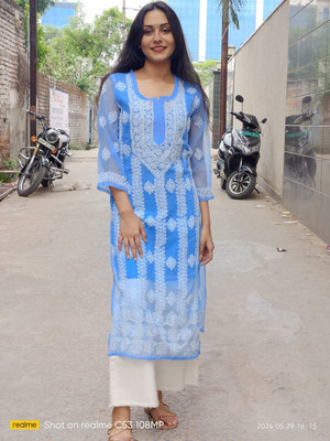 CAndi creation Women Embroidered Straight Kurta(Light Blue)