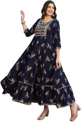 HUANYU Women Printed Anarkali Kurta(Blue, Beige)