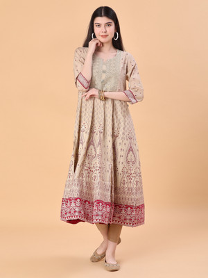 V-MART Women Printed A-line Kurta(Beige)