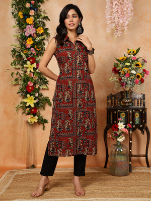 colouers for life Women Printed Straight Kurta(Maroon)