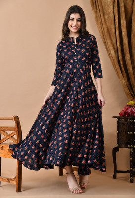 jaipurite Women Floral Print Anarkali Kurta(Dark Blue)