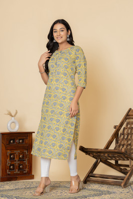 WOMENATTIRE Women Printed Straight Kurta(Yellow)