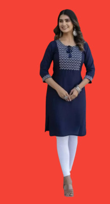 Bharatkin Women Embroidered Straight Kurta(Blue)