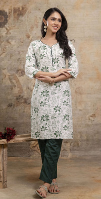 Subhan Textiles Women Printed A-line Kurta(White)