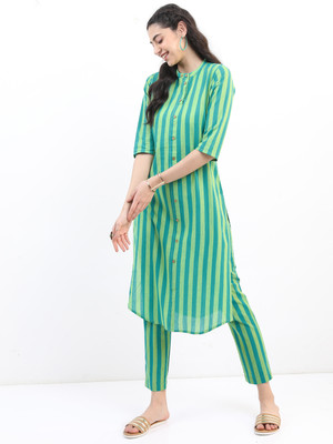 Vishudh Women Striped Straight Kurta(Green)