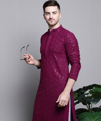 Jompers Men Embroidered Straight Kurta(Purple)