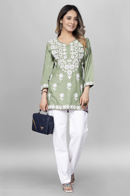 shivshakti faishon Women Chikan Embroidery A-line Kurta(Green)