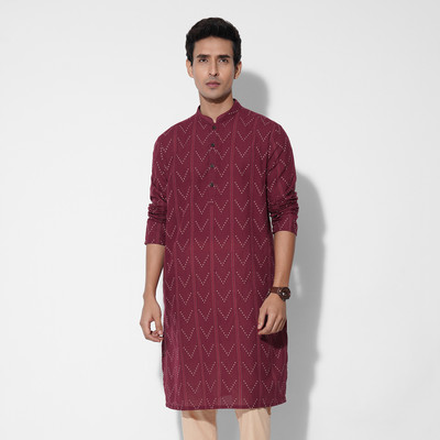 Indus Route by Pantaloons Men Striped Straight Kurta(Red)