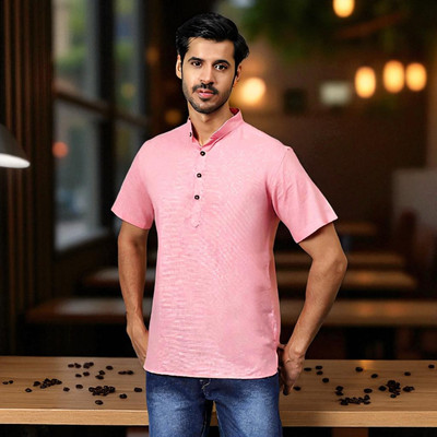 FireFish Men Solid A-line Kurta(Pink)