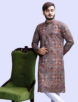 Tibra Collection Men Floral Print Flared Kurta(Dark Green)