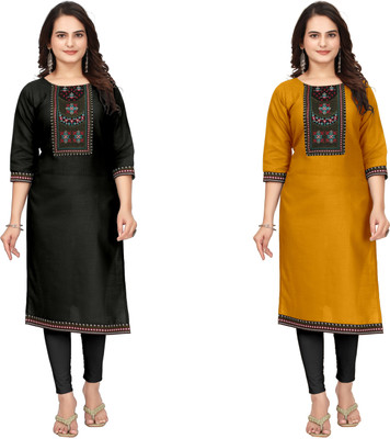 MAHADEVSQUARE Women Embroidered A-line Kurta(Black, Yellow)