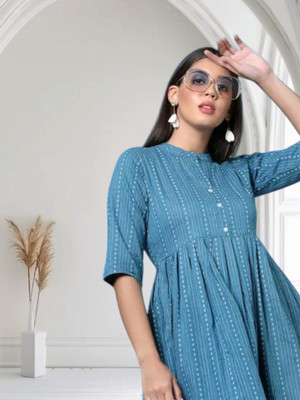 Houseofcommonv Women Printed A-line Kurta(Blue)
