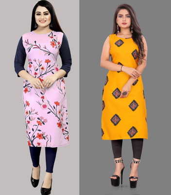tanvi creation Women Printed Straight Kurta(Yellow, Pink)