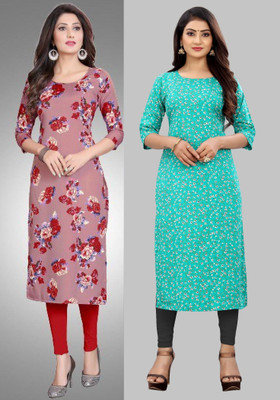 Modli 20 Fashion Women Striped, Printed Straight Kurta(Blue, Pink)