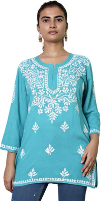 INDICRAFT Women Self Design Straight Kurta(Light Blue)