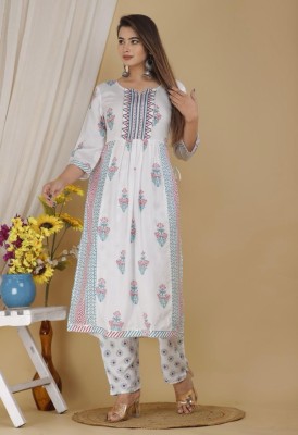 VERMA RAJ Women Floral Print Straight Kurta(White)