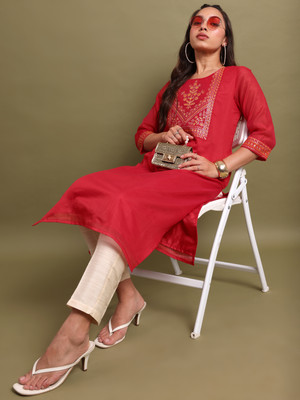 Vishudh Women Solid, Printed Straight Kurta(Red)