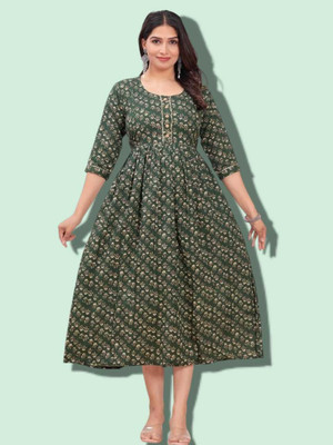 HOUSE OFF COMMON Women Printed Anarkali Kurta(Green)