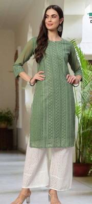 Felopie Women Chikan Embroidery A-line Kurta(Light Green)