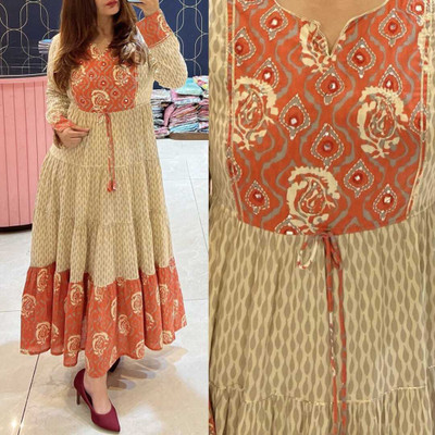 HouseOfComman Women Printed, Geometric Print, Floral Print Anarkali Kurta(Orange)