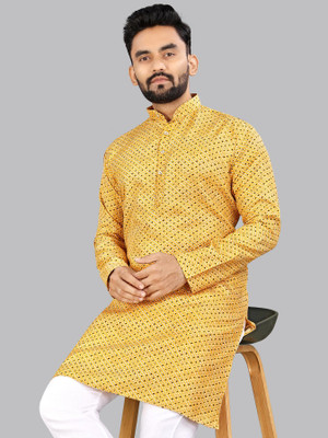 Svatantra Men Printed Straight Kurta(Yellow)