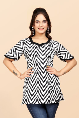 ShopGlobal Women Printed Anarkali Kurta(Black, White)