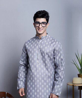Jompers Men Floral Print Straight Kurta(Grey)