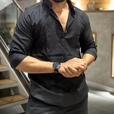 YG BHALIYA Men Self Design Straight Kurta(Black)