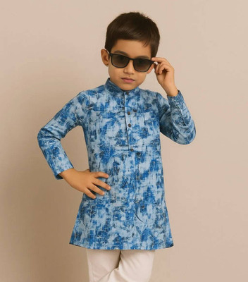 Qtsy Boys Printed Straight Kurta(Blue)