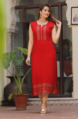CM TEXTILE Women Printed Straight Kurta(Red)