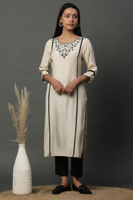 Aurelia Women Embroidered Straight Kurta(Beige)