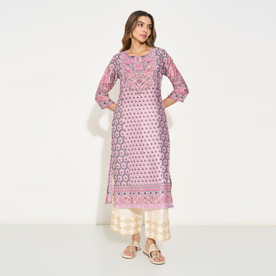 Rangmanch by Pantaloons Women Printed Straight Kurta(Purple)