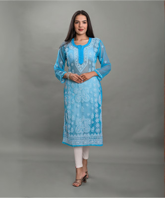 Apratim Women Embroidered Straight Kurta(Light Blue)