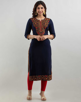 GODWEEN Women Embroidered Straight Kurta(Blue)