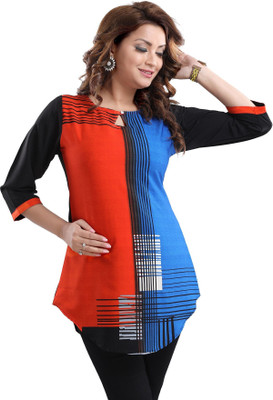 Anmi Graceful Ladylike Orange and Blue Poly Crepe Short Tunic Printed Women Straight Kurta(Orange)