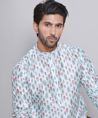 Jompers Men Printed Straight Kurta(Light Blue)