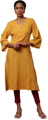 Abhishtitextile Women Solid, Embroidered Straight Kurta(Yellow)