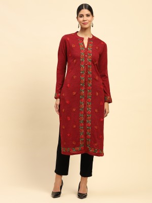 MEI Women Embroidered Straight Kurta(Orange)