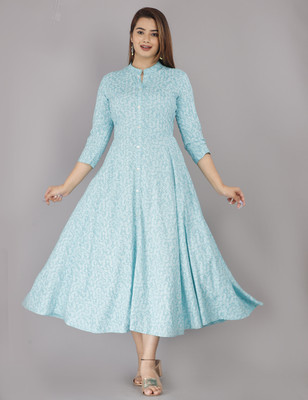 BHAGLI Women Fit and Flare Light Blue Midi/Calf Length Dress