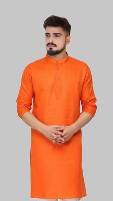 HouseOfCommon Men Solid A-line Kurta(Orange)