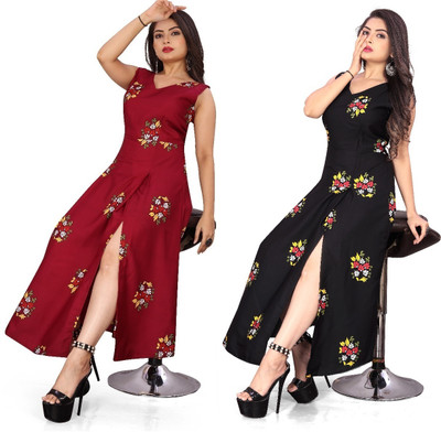 Hiral Creation Women Printed, Floral Print Frontslit Kurta(Red)