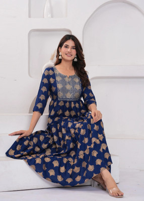 HUANYU Women Embroidered Anarkali Kurta(Blue)