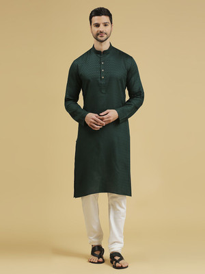 Rajubhai Hargovindas Men Self Design Straight Kurta(Dark Green)