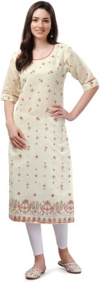 Solucions Women Woven Design A-line Kurta(Beige)